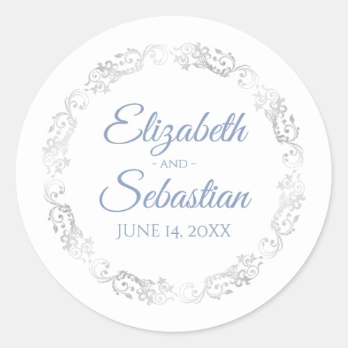 Lacy Silver Filigree Elegant Blue on White Wedding Classic Round Sticker