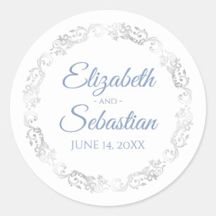Lacy Silver Filigree Elegant Blue on White Wedding Classic Round Sticker
