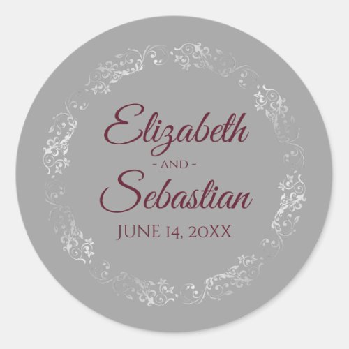 Lacy Silver Filigree Elegant Burgundy Gray Wedding Classic Round Sticker