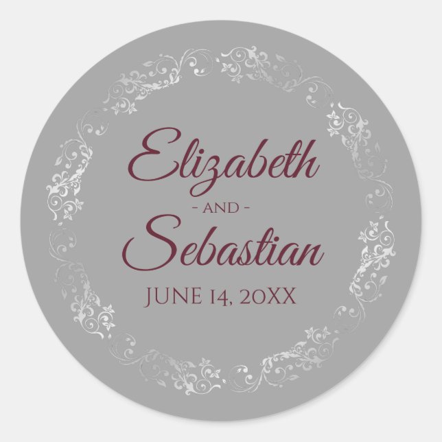 Lacy Silver Filigree Elegant Burgundy Gray Wedding Classic Round Sticker (Front)
