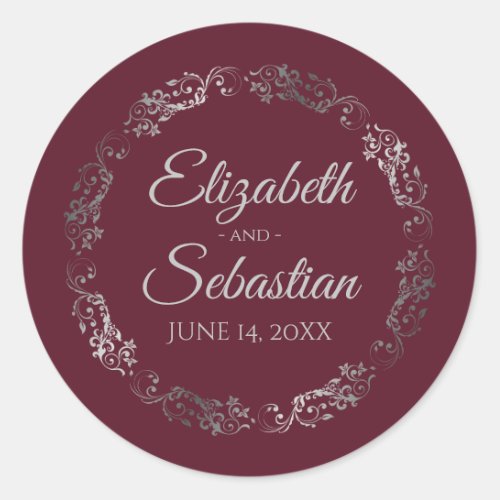Lacy Silver Filigree Elegant Burgundy Wedding Classic Round Sticker