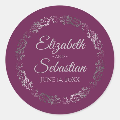 Lacy Silver Filigree Elegant Cassis Purple Wedding Classic Round Sticker