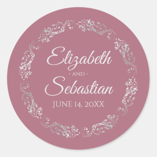 Lacy Silver Filigree Elegant Dusty Rose Wedding Classic Round Sticker