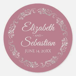 Lacy Silver Filigree Elegant Dusty Rose Wedding Classic Round Sticker