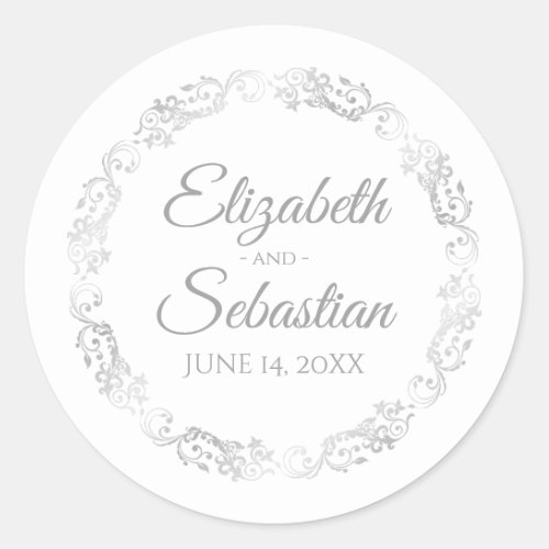 Lacy Silver Filigree Elegant Gray on White Wedding Classic Round Sticker