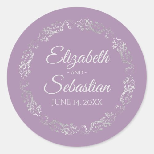 Lacy Silver Filigree Elegant Lavender Wedding Classic Round Sticker