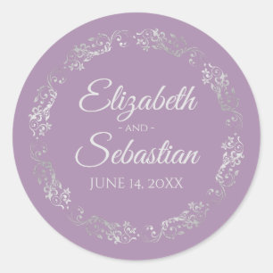 Lacy Silver Filigree Elegant Lavender Wedding Classic Round Sticker