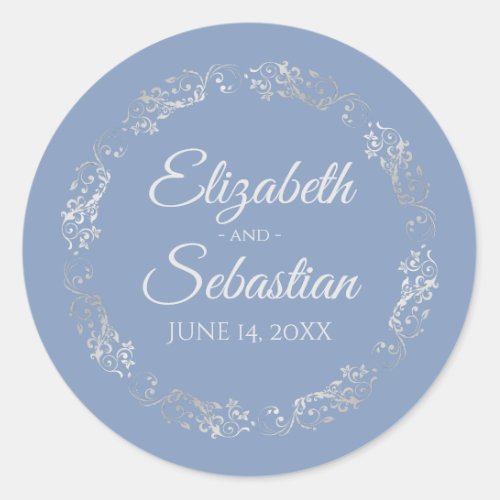 Lacy Silver Filigree Elegant Light Blue Wedding Classic Round Sticker