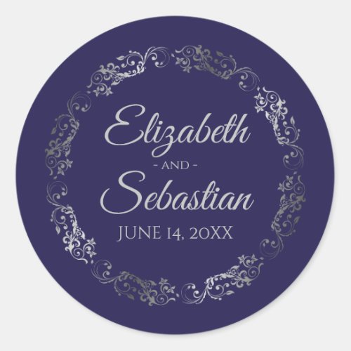 Lacy Silver Filigree Elegant Navy Blue Wedding Classic Round Sticker