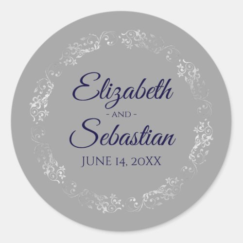 Lacy Silver Filigree Elegant Navy on Gray Wedding Classic Round Sticker