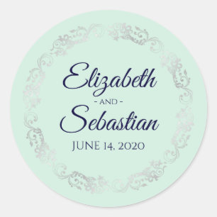Lacy Silver Filigree Elegant Navy on Mint Wedding Classic Round Sticker