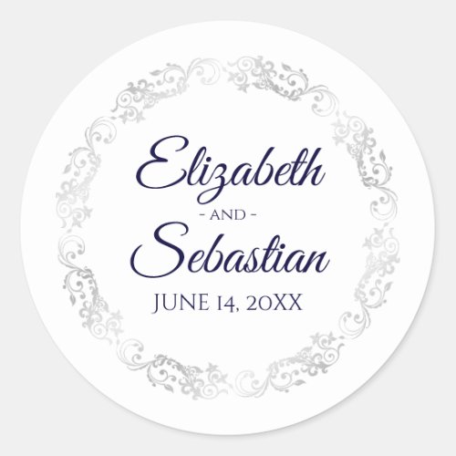 Lacy Silver Filigree Elegant Navy on White Wedding Classic Round Sticker