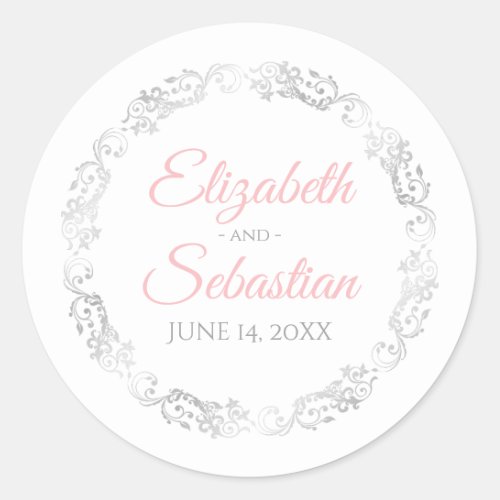 Lacy Silver Filigree Elegant Pink on White Wedding Classic Round Sticker