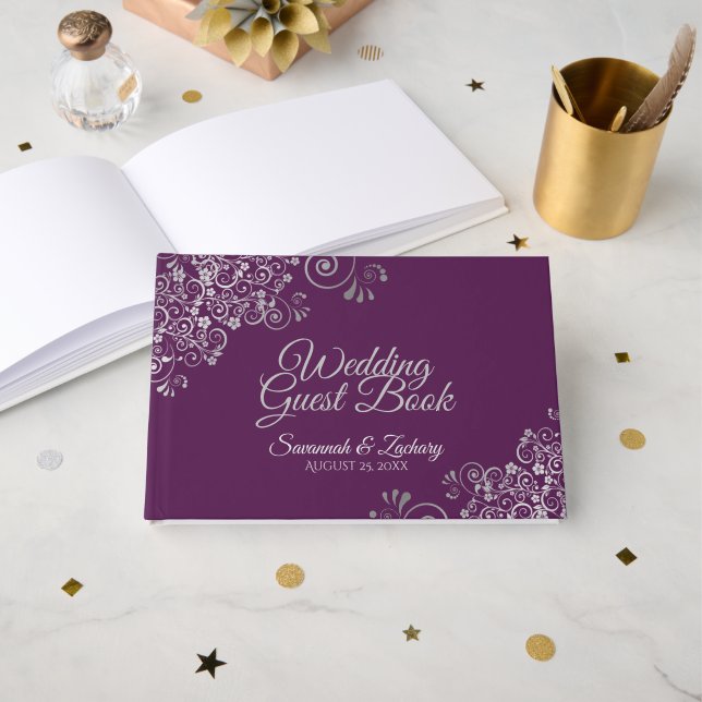 Lacy Silver Filigree Elegant Plum Purple Wedding Guest Book (Front Open)