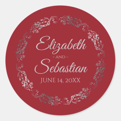 Lacy Silver Filigree Elegant Red Wedding Classic Round Sticker