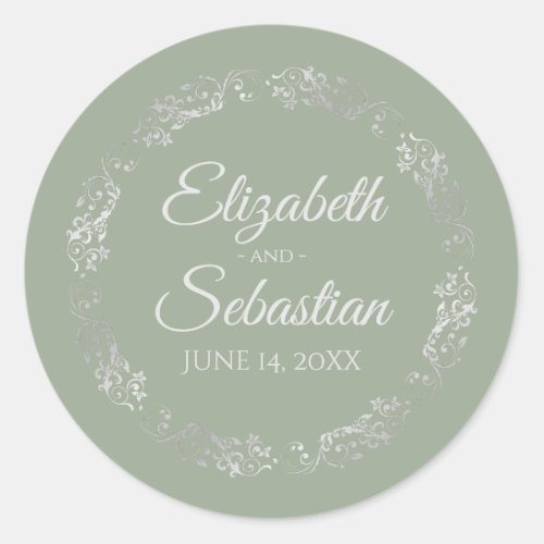 Lacy Silver Filigree Elegant Sage Green Wedding Classic Round Sticker
