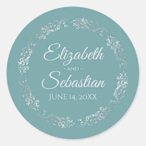 Lacy Silver Filigree Elegant Teal Wedding Classic Round Sticker