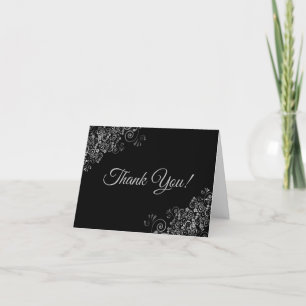 Lacy Silver Frills Elegant Black Wedding Photo Letterpress Thank You Card