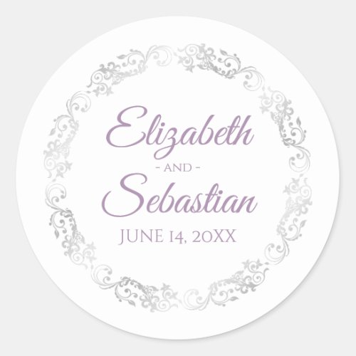 Lacy Silver Frills Elegant Lavender White Wedding Classic Round Sticker
