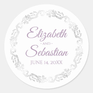 Lacy Silver Frills Elegant Lavender White Wedding Classic Round Sticker