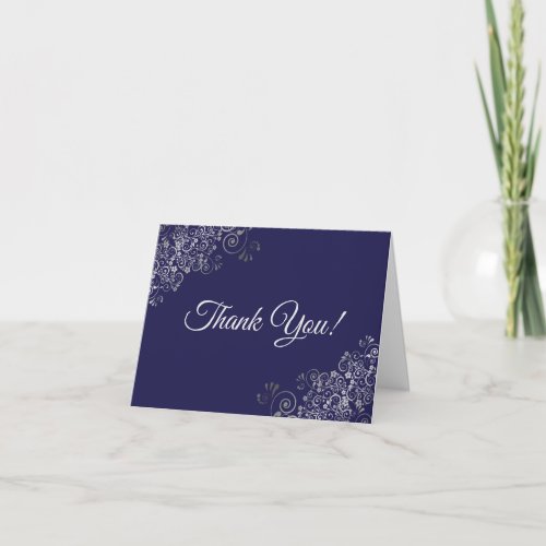 Lacy Silver Frills Elegant Navy Blue Wedding Photo Thank You Card