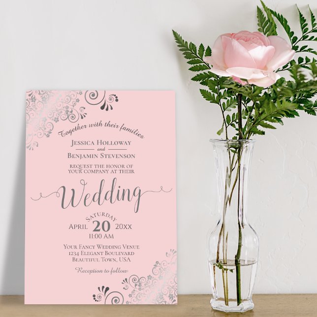 Lacy Silver Frills Elegant Pink & Gray Wedding Invitation (Creator Uploaded)