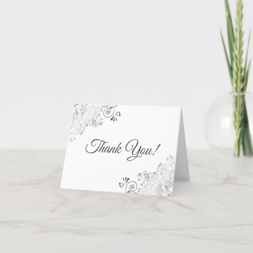 Lacy Silver Frills Elegant White Wedding Photo Thank You Card