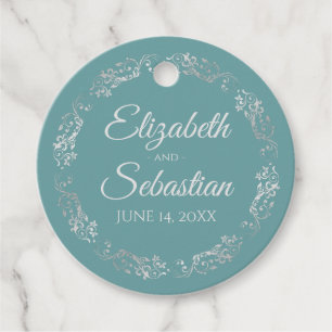 Lacy Silver Frilly Border Elegant Teal Wedding Favor Tags