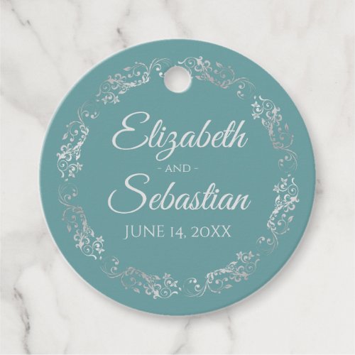 Lacy Silver Frilly Border Elegant Teal Wedding Favor Tags