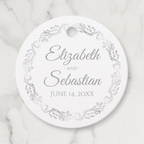 Lacy Silver Gray Border Elegant White Wedding Favor Tags