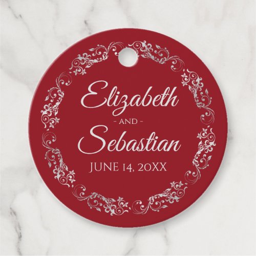 Lacy Silver Gray Frilly Border Elegant Red Wedding Favor Tags