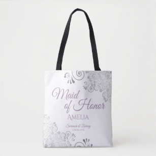 Lacy Silver & Lavender Maid of Honor White Wedding Tote Bag