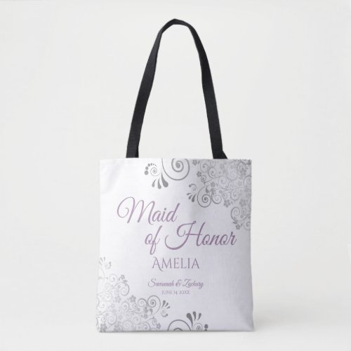 Lacy Silver  Lavender Maid of Honor White Wedding Tote Bag