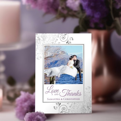 Lacy Silver Lavender  White Love  Thanks Wedding Thank You Card