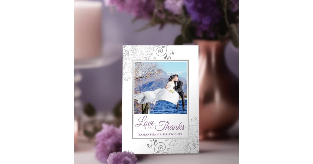 Lacy Silver Lavender & White Love & Thanks Wedding Thank You Card | Zazzle
