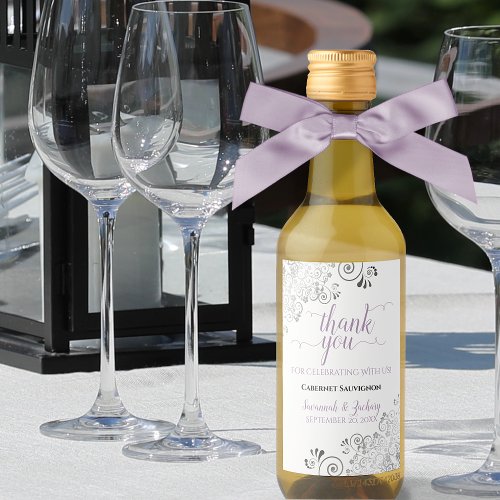 Lacy Silver Lavender White Wedding Thank You Mini Wine Label