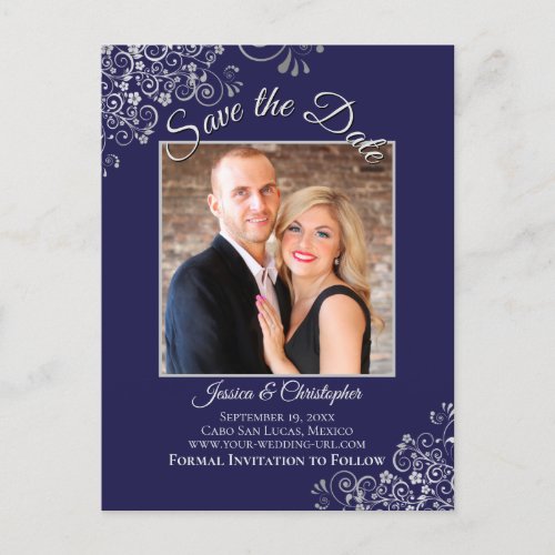 Lacy Silver Navy Blue Wedding Save the Date Photo Announcement Postcard