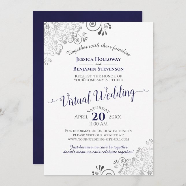 Lacy Silver Navy Blue & White Virtual Wedding Invitation (Front/Back)