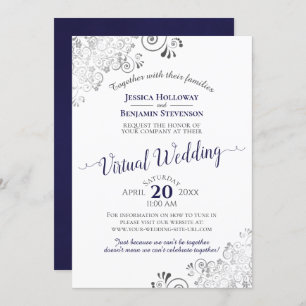 Lacy Silver Navy Blue & White Virtual Wedding Invitation