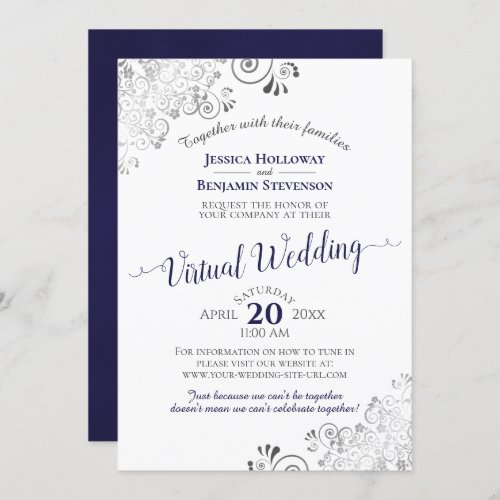 Lacy Silver Navy Blue  White Virtual Wedding Invitation