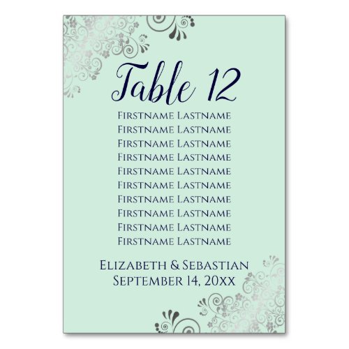 Lacy Silver Navy Mint Green Wedding Seating Chart Table Number