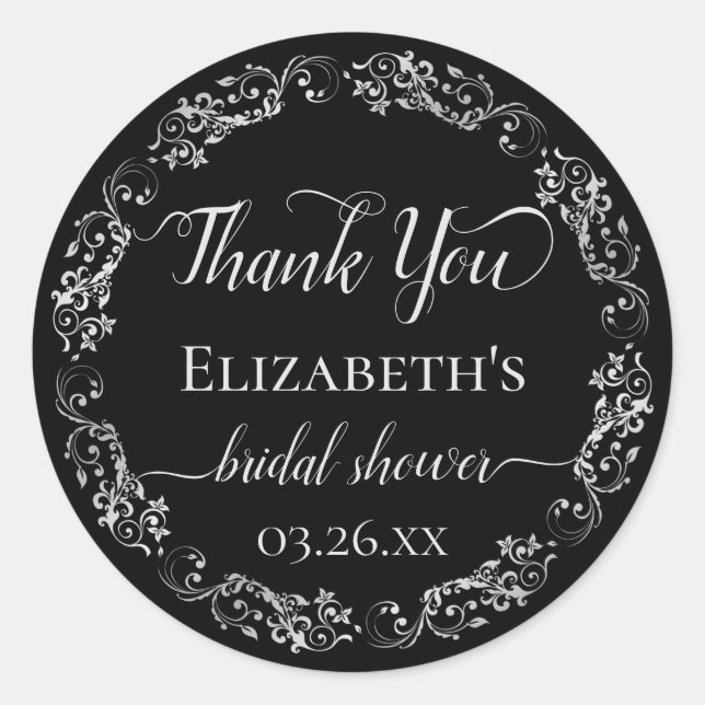 Lacy Silver on Black Bridal Shower Thank You Classic Round Sticker (Front)