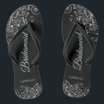Lacy Silver on Black Elegant Bridesmaid Wedding Flip Flops<br><div class="desc">These elegant wedding flip flops are a great way to thank and recognize your bridesmaids, while giving their feet a rest after a long day. The beautiful design features an elegant design with ornate silver gray frills on a black background and fancy grey script lettering. The text reads Bridesmaid with...</div>