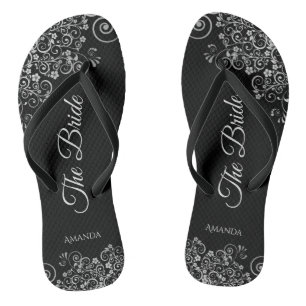 Lacy Silver on Black Elegant The Bride Wedding Flip Flops