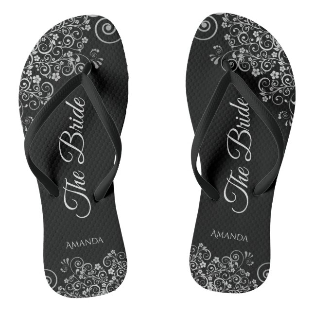 Lacy Silver on Black Elegant The Bride Wedding Flip Flops (Footbed)