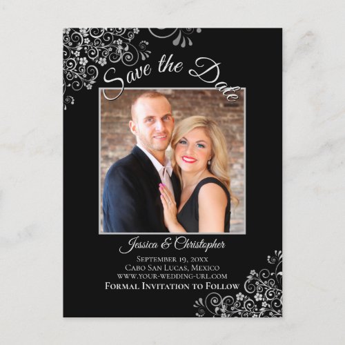 Lacy Silver on Black Wedding Save the Date Photo Announcement Postcard