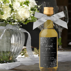 Lacy Silver on Black Wedding Thank You Mini Wine Label