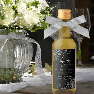 Lacy Silver on Black Wedding Thank You Mini Wine Label