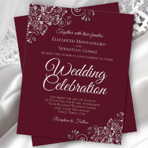 Lacy Silver on Burgundy BUDGET Wedding Invitation