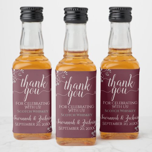 Lacy Silver on Burgundy Wedding Thank You Mini Liquor Bottle Label